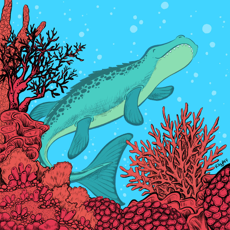Dakosaurus extinct prehistoric alligator-like creatures swimming behind red coral