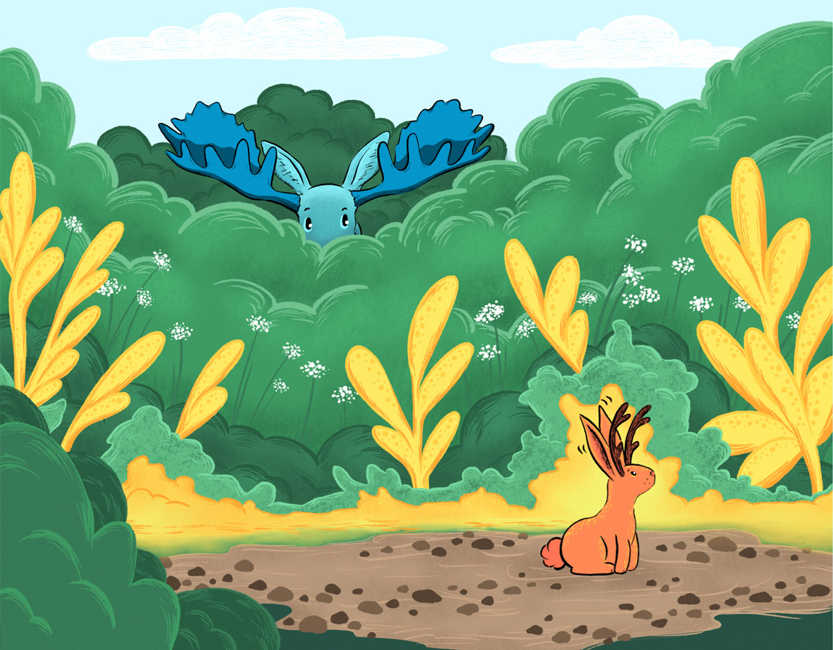 A moose hiding sees a jackalope in a magical forest
