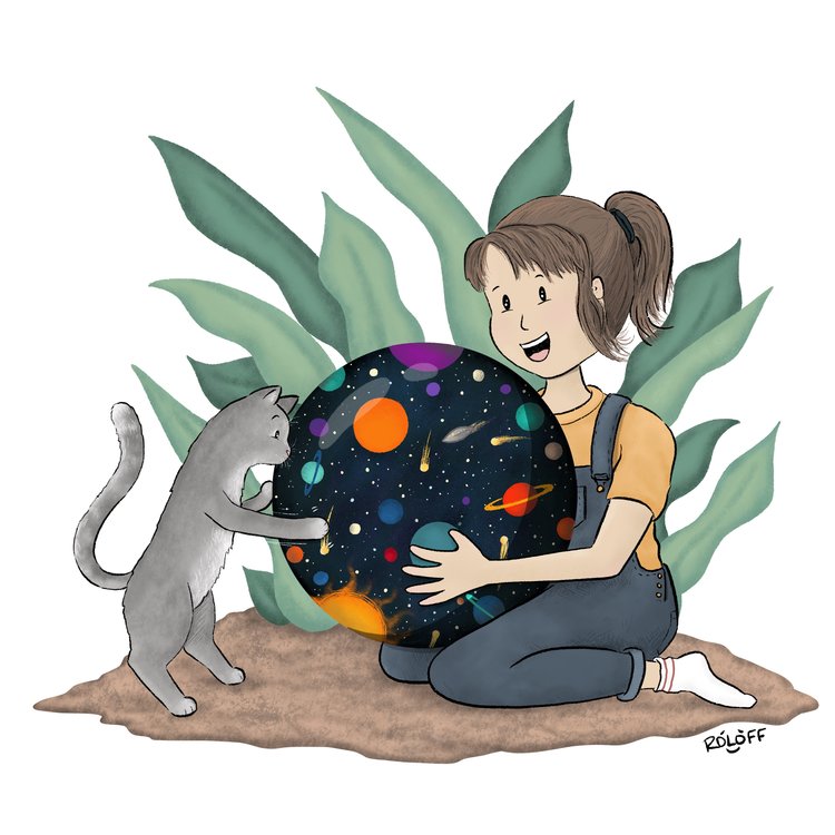 Cat and little girl look at a large sphere containing the universe